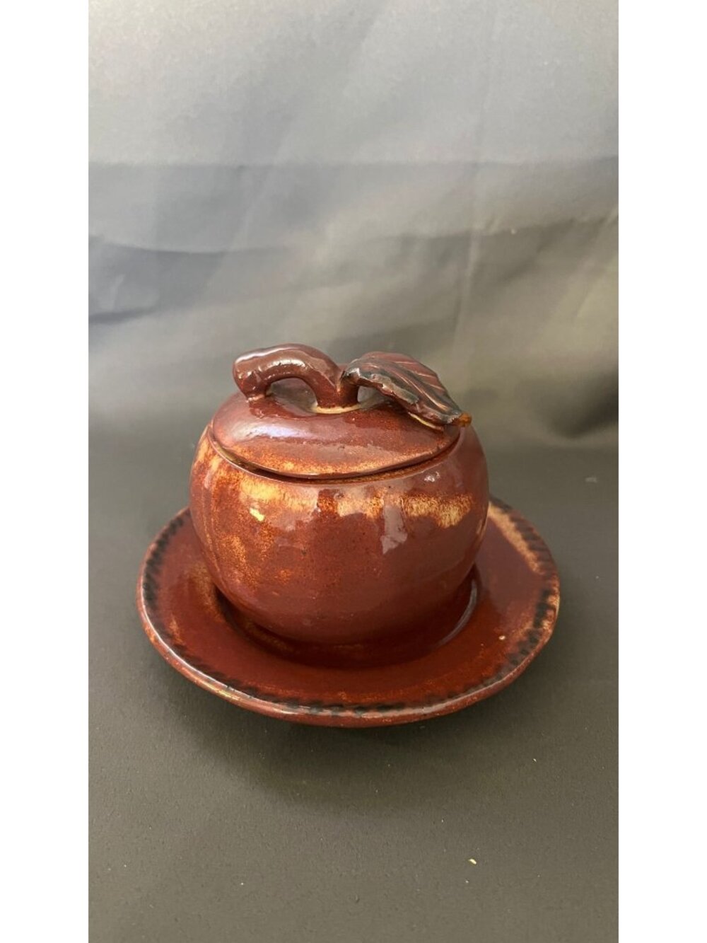 Rustic Handmade Pottery Apple-Shaped Lidded Jar With Plate